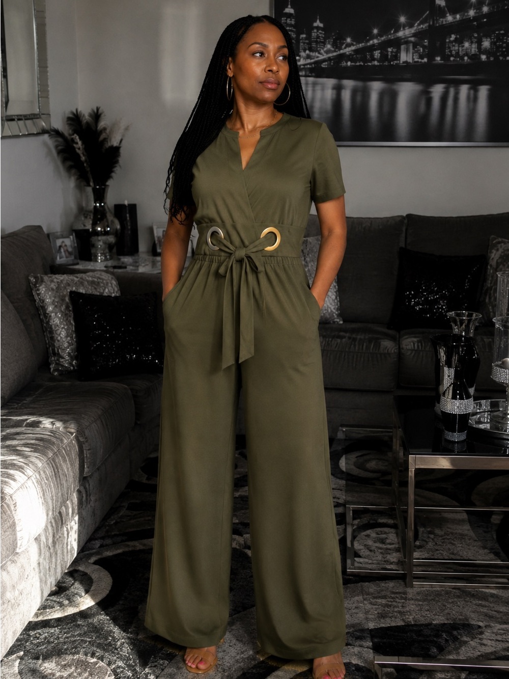 Derek Heart Olive Green Wide-Leg Jumpsuit with Tie Waist and Gold Rings